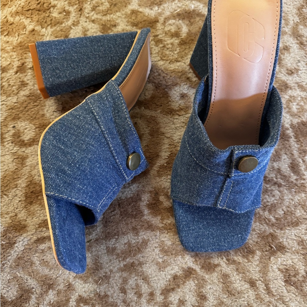 Denim Slide Mules with Block Heel - Blue - Picture 5 of 9